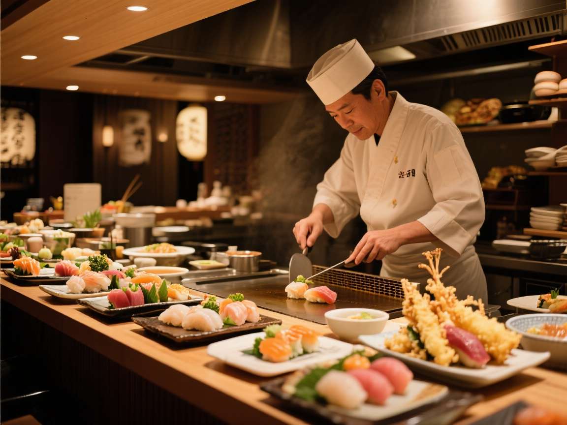 Tokyo Delight Restaurant Sushi bar at Tokyo Delight with chef preparing fresh sushi