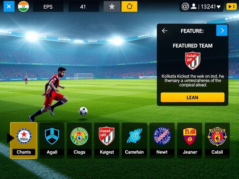 Kolkata Kickers Galaxy team selection screen showing various Indian football clubs