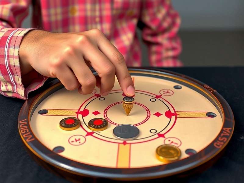 Professional carrom board setup with coins and striker
