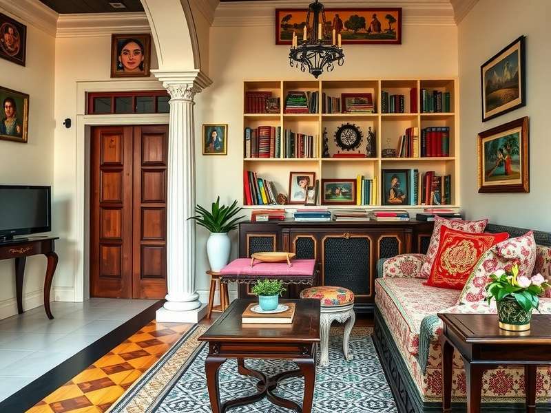 Colorful traditional textiles and decor in a Bengal bungalow