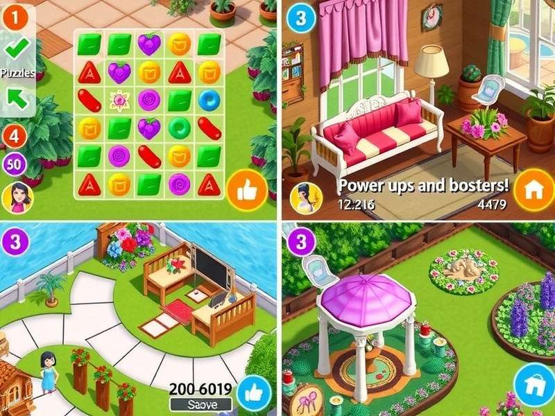 Gardenscapes Floral Fiesta gameplay screenshot showing match-3 puzzles and garden design