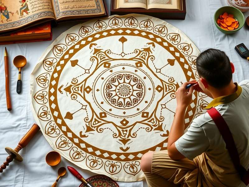 Modern practitioner creating Varuna Water Mandala with traditional tools