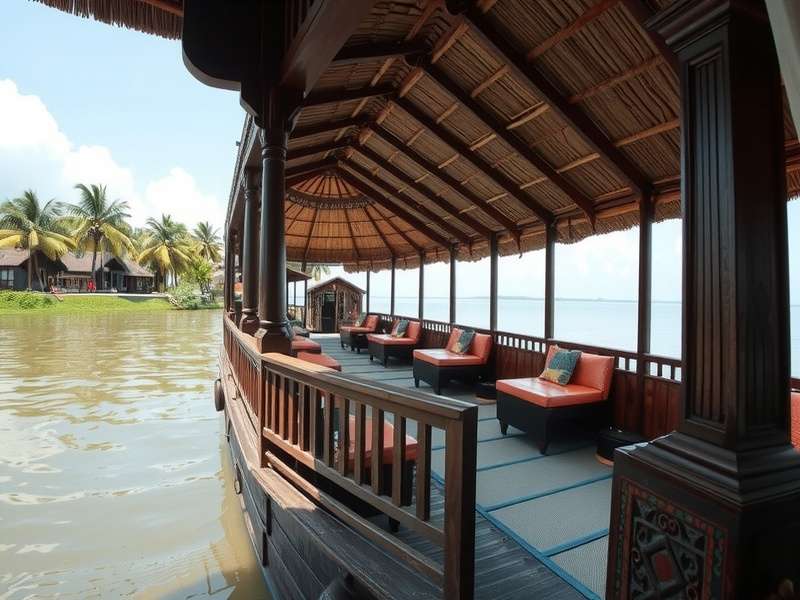 Scenic view of Kerala backwaters with coconut trees