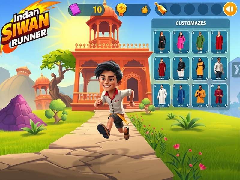 Siwan Flash Runner gameplay screenshot showing character running through vibrant Indian landscape