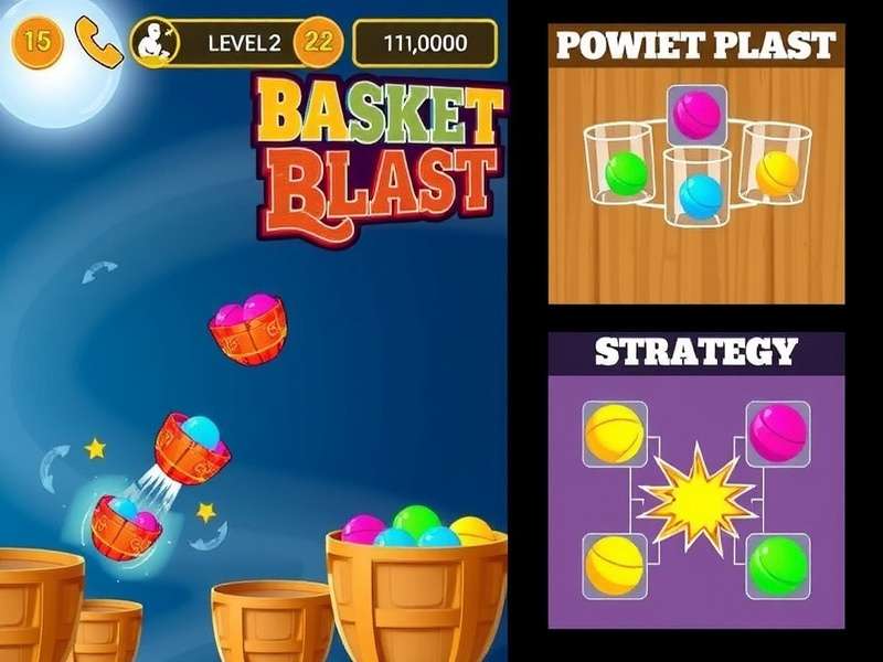 Basket Blast gameplay screenshot showing colorful balls and baskets