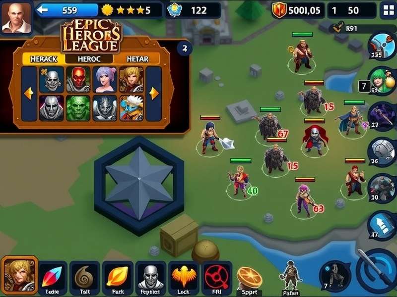 Epic Heroes League gameplay interface showing hero selection and map overview