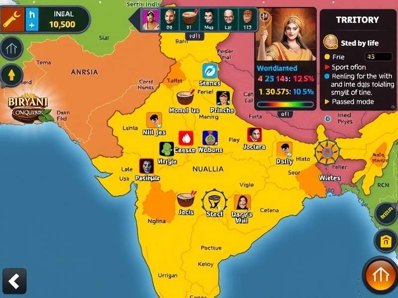 Biryani Strong Conqueror gameplay screenshot showing strategic map and cooking interface