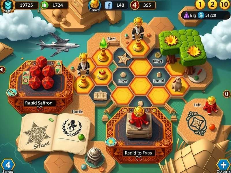 Rapid Saffron game board with hexagonal tiles and resources