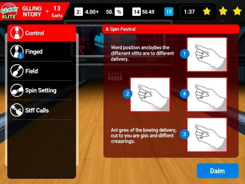 Bowling Glory Elite gameplay interface showing bowling controls and field settings