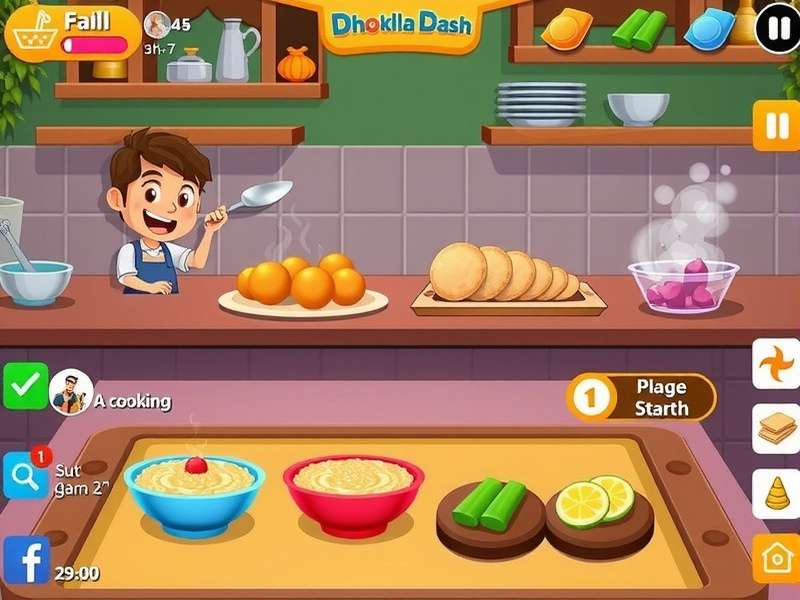 Dhokla Dash Supreme gameplay screenshot showing character preparing traditional Indian snack