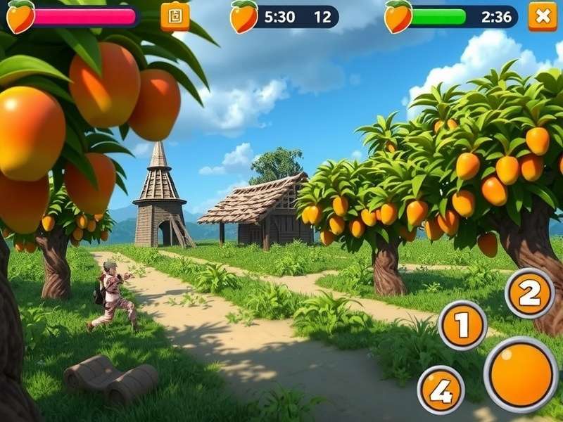 Mango Mayhem Ace gameplay screenshot showing vibrant mango orchard