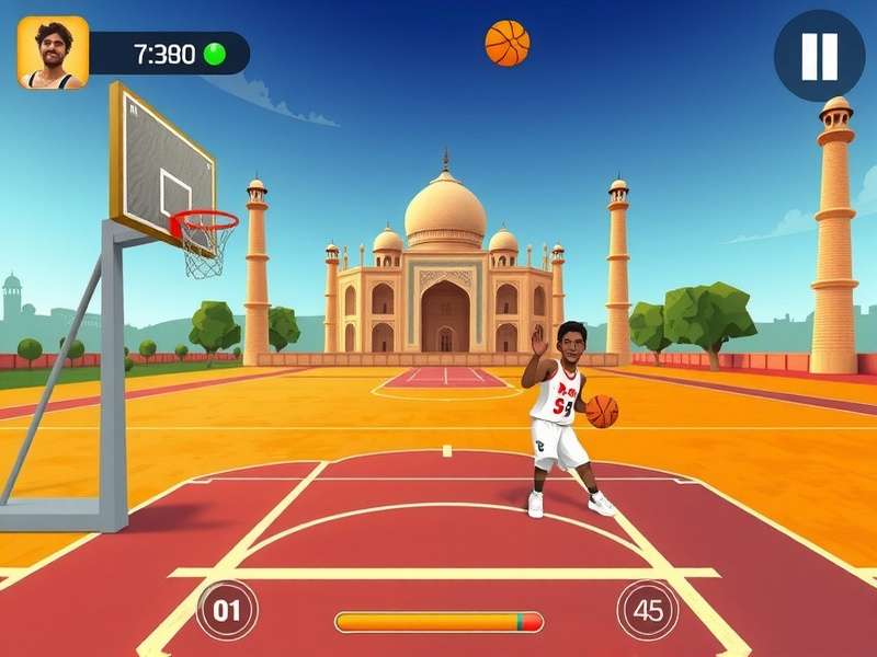 Taj Mahal Hoopsters gameplay screenshot showing basketball court with Indian architectural elements