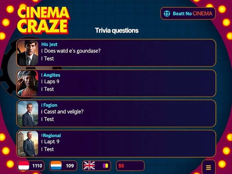 Cinema Craze gameplay interface showing movie trivia questions
