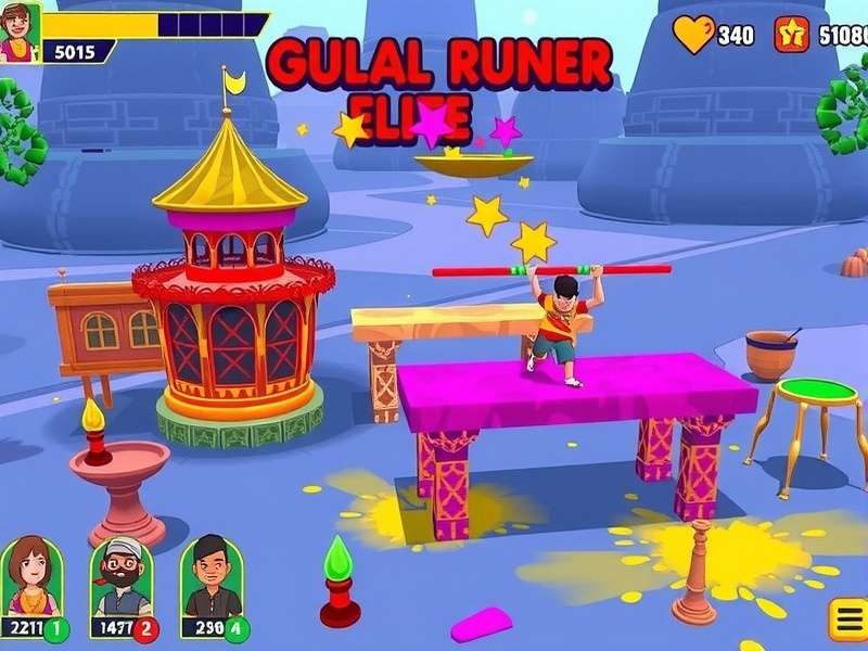 Gulaal Runner Elite gameplay screenshot showing colorful Holi-themed environment