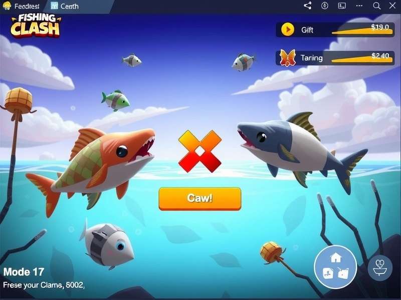 Fishing Clash gameplay screenshot showing a user catching a large fish with gift codes overlay