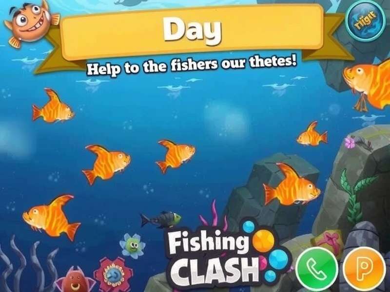 Fishing Clash gameplay on a mobile device showing a vibrant underwater scene with a large fish being caught