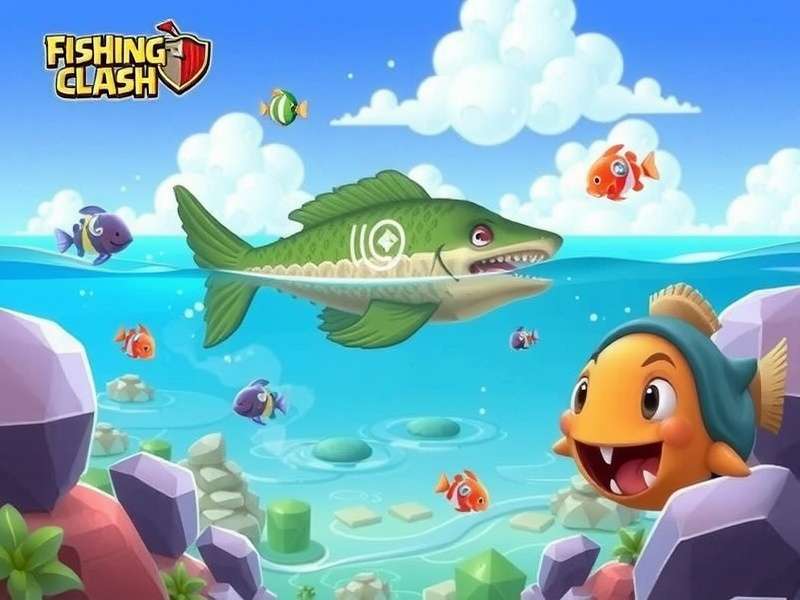 A person holding a mobile phone displaying the Fishing Clash game interface with a large fish catch