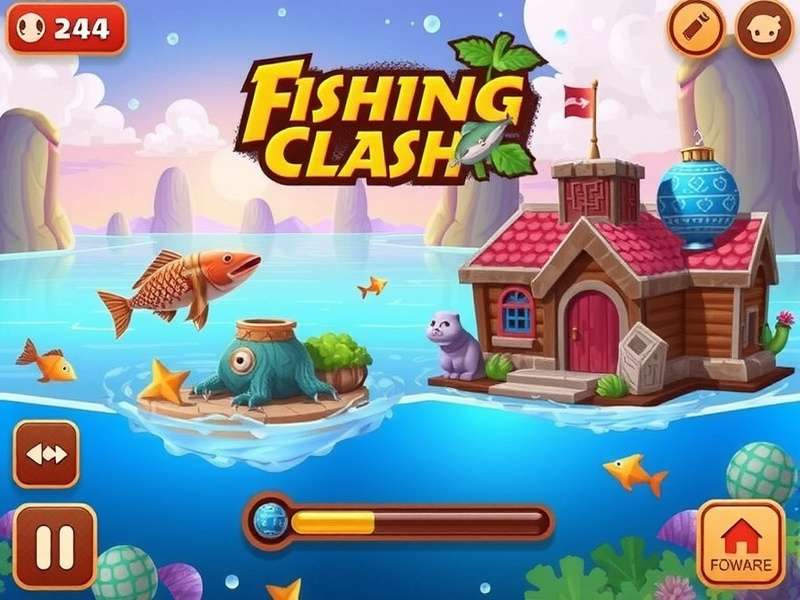 Person playing Fishing Clash game on smartphone by a lake