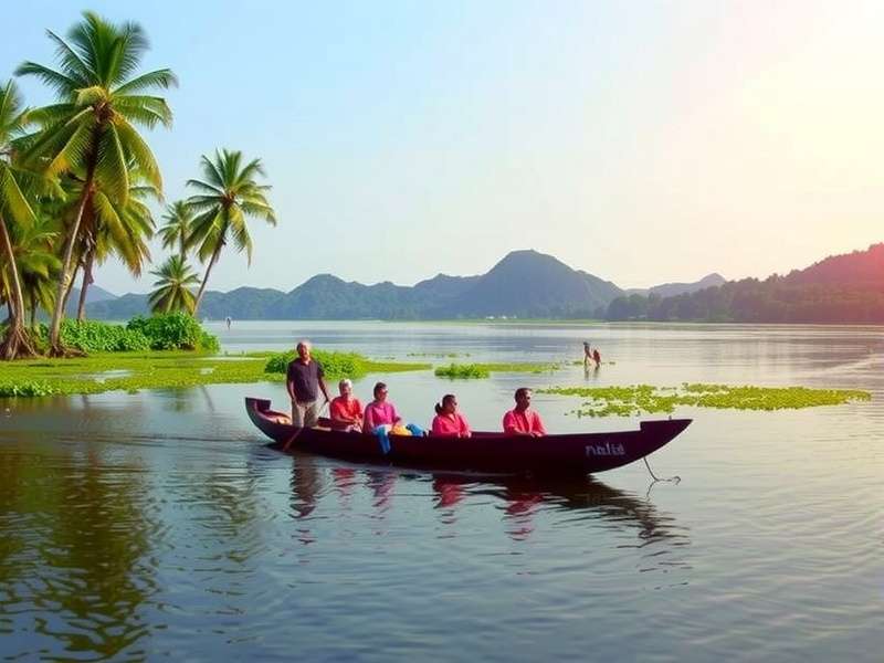 Backwater Expedition Kerala — Fishing Clash backwater fishing scene with traditional houseboat and lush palm trees